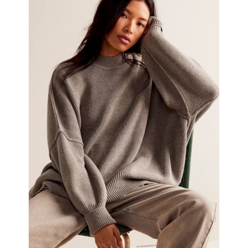 Free People Easy Street Tunic Grey Ribbed Mock Neck Oversized Sweater Large